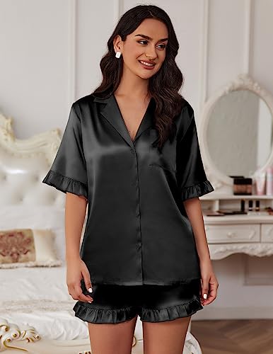 Ekouaer Satin Pj Set Womens Short Sleeve Pajamas Silk Button Down Sleepwear 2 Piece Lounge Set Black,S