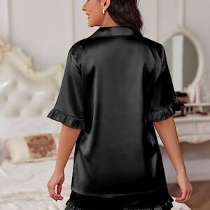 Ekouaer Satin Pj Set Womens Short Sleeve Pajamas Silk Button Down Sleepwear 2 Piece Lounge Set Black,S