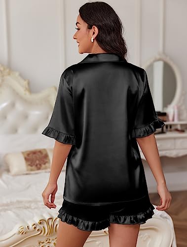 Ekouaer Satin Pj Set Womens Short Sleeve Pajamas Silk Button Down Sleepwear 2 Piece Lounge Set Black,S