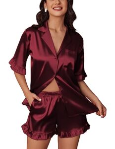 ekouaer plus size silk pjs women's soft satin pajama set summer short nightwear bridesmaid pajamas wine red,xxl
