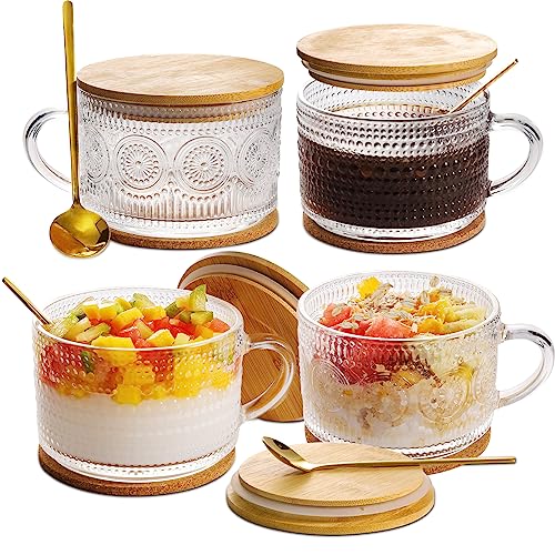 Vintage Coffee Mugs Glassware Set of 4-14oz Leak Proof Overnight Oats Containers with Lids and Spoons, Hobnail Glass Cups with Bamboo Lids, Ideal Coffee Bar Accessories Perfect for Coffee, Tea