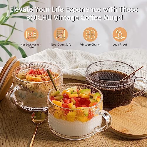 Vintage Coffee Mugs Glassware Set of 4-14oz Leak Proof Overnight Oats Containers with Lids and Spoons, Hobnail Glass Cups with Bamboo Lids, Ideal Coffee Bar Accessories Perfect for Coffee, Tea