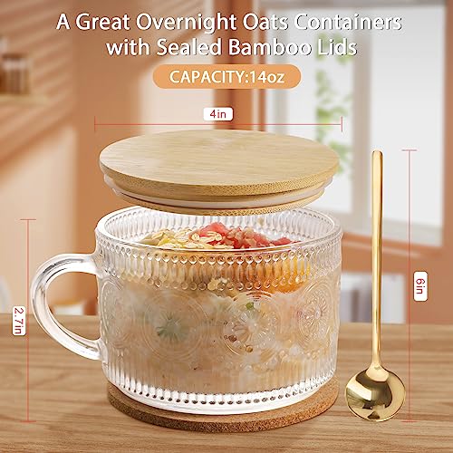 Vintage Coffee Mugs Glassware Set of 4-14oz Leak Proof Overnight Oats Containers with Lids and Spoons, Hobnail Glass Cups with Bamboo Lids, Ideal Coffee Bar Accessories Perfect for Coffee, Tea