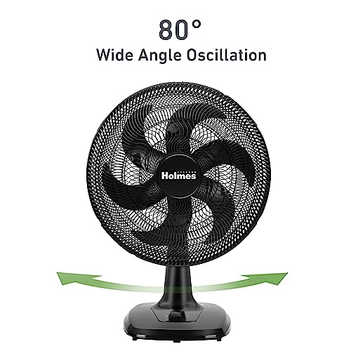 HOLMES BIG BREEZE 16" Table Fan, 80° Oscillation, 3 Speeds, 6 Blades, Powerful Airflow, 40° Head Tilt, Ideal for Home, Bedroom, Gym or Office, Black