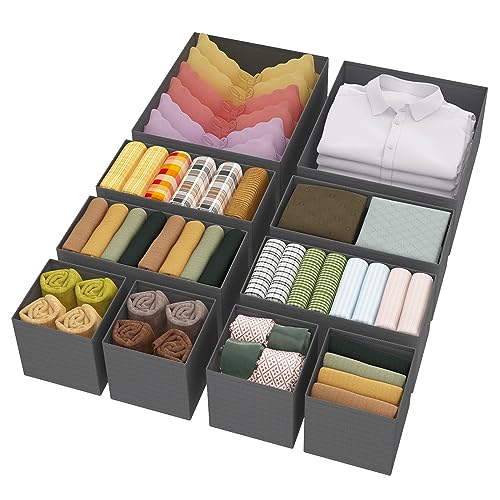 Fixwal 10 Pack Dresser Drawer Organizer for Clothing, Closet Organizers and Storage Box Foldable Fabric Drawer Dividers for Clothes Underwear Socks Bra Scarves Ties (Grey)