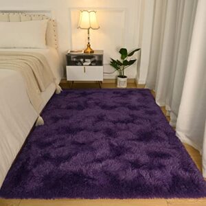 softlife ultra soft fluffy area rugs for bedroom, girls and boys room kids room nursery rug, 3 x 5 feet shaggy fur indoor plush modern floor carpet for living room, dark purple