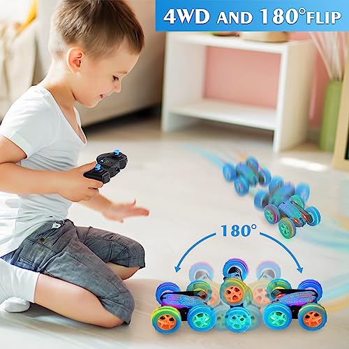 FAFUGANIA Remote Control Car, 360° Rotating RC cars with Wheel Light and Body crack light, Fast and Flips 4WD Double-Sided RC Stunt Cars For 6-12 years old Kids Xmas Toy Cars Gift for Boys Girls(Blue)