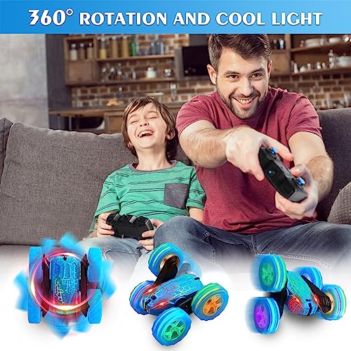 FAFUGANIA Remote Control Car, 360° Rotating RC cars with Wheel Light and Body crack light, Fast and Flips 4WD Double-Sided RC Stunt Cars For 6-12 years old Kids Xmas Toy Cars Gift for Boys Girls(Blue)