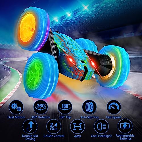 FAFUGANIA Remote Control Car, 360° Rotating RC cars with Wheel Light and Body crack light, Fast and Flips 4WD Double-Sided RC Stunt Cars For 6-12 years old Kids Xmas Toy Cars Gift for Boys Girls(Blue)