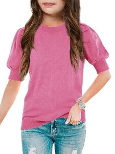 girls puff short sleeve sweater tops for teen girls crew neck blouse crochet knit soft pullover shirt 13-18 years