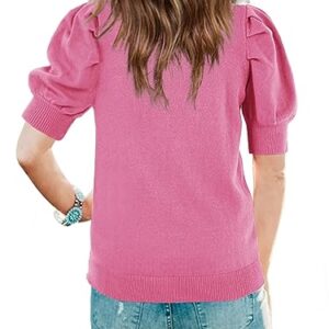 Girls Puff Short Sleeve Sweater Tops for Teen Girls Crew Neck Blouse Crochet Knit Soft Pullover Shirt 13-18 Years