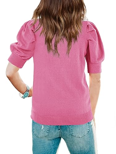 Girls Puff Short Sleeve Sweater Tops for Teen Girls Crew Neck Blouse Crochet Knit Soft Pullover Shirt 13-18 Years