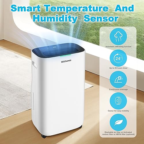 Dehumidifier 4000 Sq. Ft 50 Pint ,ROCSUMOO Dehumidifiers for Home Basements Bedroom with Drain Hose | Quiet Dehumidifier for Medium to Large Room | Dry Clothes Mode | Intelligent Humidity Control with 24HR Timer (White)