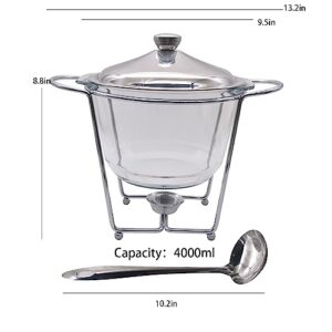 Glass Chafing Dish Buffet Set with Stainless Steel Lid and Ladle, 4.3 Quart Food Warming Tray for Soup Parties Dinners Catering, 1 Pack, Clear, Round, Dishwasher and Microwave Safe