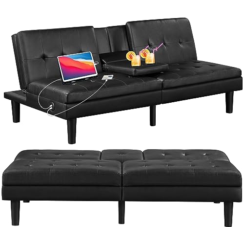 PrimeZone 69" W x 38" D x 29.5" H Futon Convertible Sofa Bed with USB & 2 Cupholders - Faux Leather Modern Memory Foam Sleeper Couch, Folding Loveseat for Apartment, Dorm, Office, Black