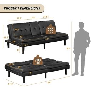 PrimeZone 69" W x 38" D x 29.5" H Futon Convertible Sofa Bed with USB & 2 Cupholders - Faux Leather Modern Memory Foam Sleeper Couch, Folding Loveseat for Apartment, Dorm, Office, Black