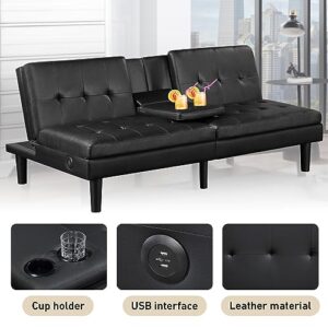 PrimeZone 69" W x 38" D x 29.5" H Futon Convertible Sofa Bed with USB & 2 Cupholders - Faux Leather Modern Memory Foam Sleeper Couch, Folding Loveseat for Apartment, Dorm, Office, Black