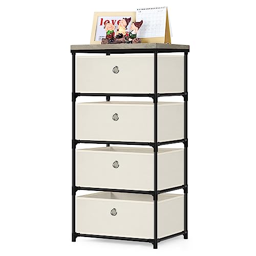 MOOACE 4 Drawer Dresser,Fabric Storage Tower,Clothes Organizer for Bedroom, Nursery, Entryway, Closets,Sturdy Black Steel Frame, Fabric Top,Milky Grey