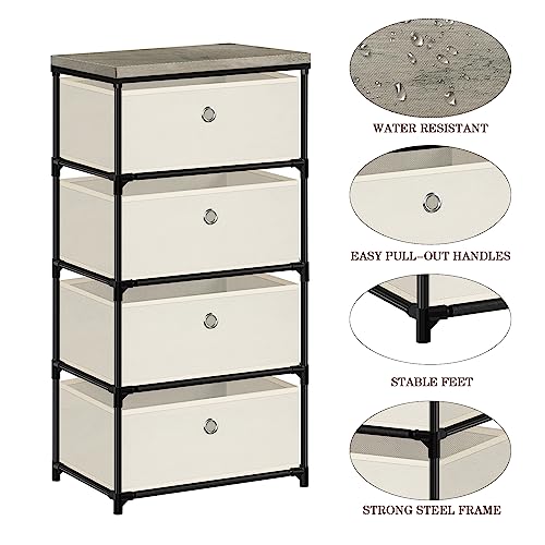 MOOACE 4 Drawer Dresser,Fabric Storage Tower,Clothes Organizer for Bedroom, Nursery, Entryway, Closets,Sturdy Black Steel Frame, Fabric Top,Milky Grey