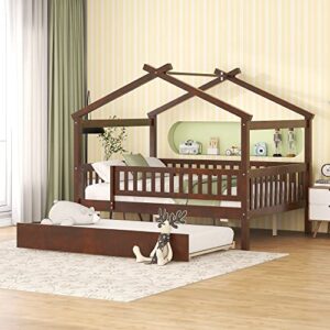 dhhu daybed with trundle, full size wooden house bed with twin size trundle bed, wood bed frame with roof and safety guardrail for kids, teens, boys or girls, no box spring required