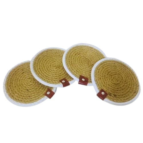 VintFlea Set of 4 Stylish & Sustainable Cotton-Jute Placemats, Perfect for Dining, Coffiee Table, Experience Washable, Heat Resistant Non Slip Small Circle, Round TableMats (6 x 6) Beige & White