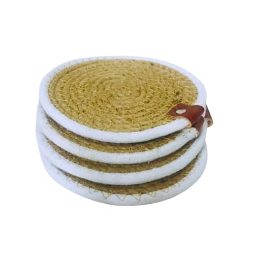 VintFlea Set of 4 Stylish & Sustainable Cotton-Jute Placemats, Perfect for Dining, Coffiee Table, Experience Washable, Heat Resistant Non Slip Small Circle, Round TableMats (6 x 6) Beige & White