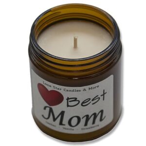 Leather & Lace Best Mom Gift Candle Lone Star Candles & More's Hand Poured 100 Percent Soy Wax Candles, Leather mixed with Creamy Vanilla, USA Made in Texas, Round Amber Glass Jars 9oz Mom