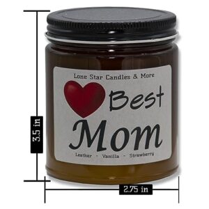 Leather & Lace Best Mom Gift Candle Lone Star Candles & More's Hand Poured 100 Percent Soy Wax Candles, Leather mixed with Creamy Vanilla, USA Made in Texas, Round Amber Glass Jars 9oz Mom