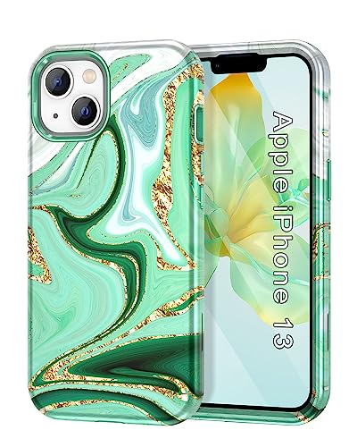 CASEFIV Compatible with iPhone 13 Case, Marble Pattern 3 in 1 Heavy Duty Shockproof Full Body Rugged Hard PC+Soft Silicone Drop Protective Girls Women Cover for iPhone 13 6.1 inch 2021, Green White