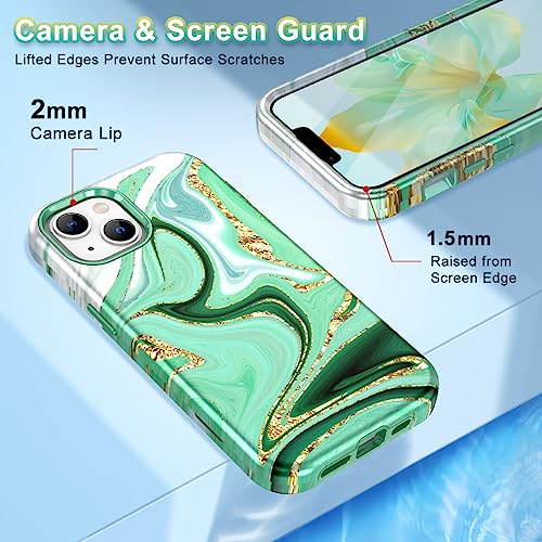 CASEFIV Compatible with iPhone 13 Case, Marble Pattern 3 in 1 Heavy Duty Shockproof Full Body Rugged Hard PC+Soft Silicone Drop Protective Girls Women Cover for iPhone 13 6.1 inch 2021, Green White