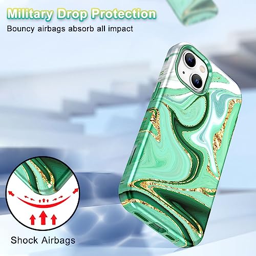 CASEFIV Compatible with iPhone 13 Case, Marble Pattern 3 in 1 Heavy Duty Shockproof Full Body Rugged Hard PC+Soft Silicone Drop Protective Girls Women Cover for iPhone 13 6.1 inch 2021, Green White