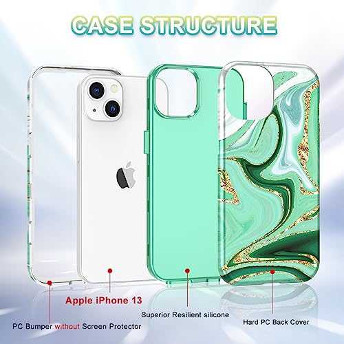 CASEFIV Compatible with iPhone 13 Case, Marble Pattern 3 in 1 Heavy Duty Shockproof Full Body Rugged Hard PC+Soft Silicone Drop Protective Girls Women Cover for iPhone 13 6.1 inch 2021, Green White