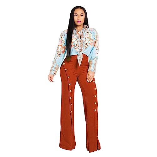 TOPSRANI Women High Waisted Dress Pants Work Trousers Slacks Bottoms Casual Pull On Long Stretch Solid Office Business Tall Button Down Orange L