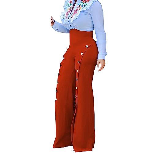 TOPSRANI Women High Waisted Dress Pants Work Trousers Slacks Bottoms Casual Pull On Long Stretch Solid Office Business Tall Button Down Orange L