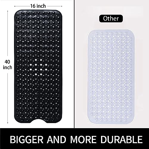 Large Non Slip Bathtub Mat, Extra Long Bath Mat for Tub, 40 x 16 Inch, Machine Washable Shower Mats with Suction Cups and Drain Holes, Bath Tub Mats for Bathroom Non Slip, Black