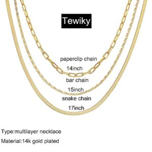 Tewiky Layered Gold Necklace for Women Trendy 14K Real Gold Plated Chain Choker Necklace Set for Women Gold Jewelry for Women Waterproof Chunky Herringbone Cuban Link Paperclip Rope Necklace Gift