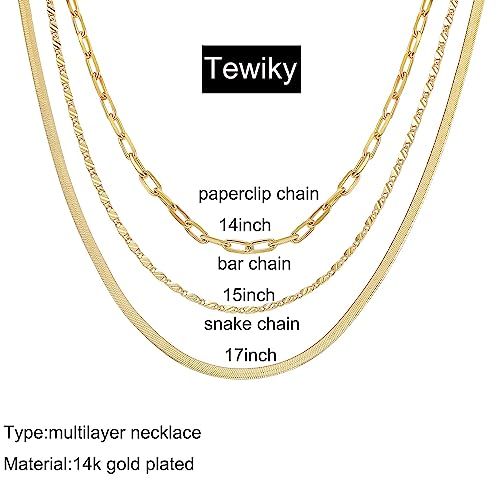 Tewiky Layered Gold Necklace for Women Trendy 14K Real Gold Plated Chain Choker Necklace Set for Women Gold Jewelry for Women Waterproof Chunky Herringbone Cuban Link Paperclip Rope Necklace Gift