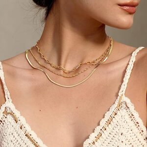 Tewiky Layered Gold Necklace for Women Trendy 14K Real Gold Plated Chain Choker Necklace Set for Women Gold Jewelry for Women Waterproof Chunky Herringbone Cuban Link Paperclip Rope Necklace Gift