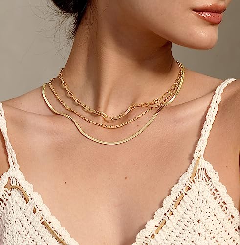 Tewiky Layered Gold Necklace for Women Trendy 14K Real Gold Plated Chain Choker Necklace Set for Women Gold Jewelry for Women Waterproof Chunky Herringbone Cuban Link Paperclip Rope Necklace Gift