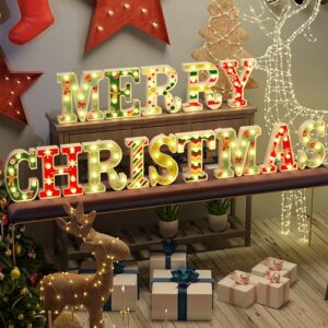 Christmas Decorations - 14 LED Letters Christmas Lights 'MERRY CHRISTMAS' for Christmas Decorations Indoor Home Decor, Surface UV Printing Snowflakes, Christmas Trees, Elk, etc, Warm White