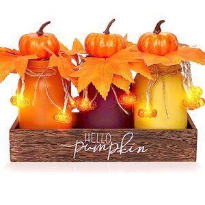 fall decor for home, autumn themed mason jars centerpiece with fall decorations and pumpkin decor lights - perfect for thanksgiving decorations 3 packs fall color mason jars with wooden box