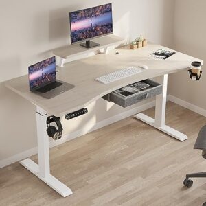 heonam dual motor standing desk with drawer, 63x30 inch electric height adjustable stand up desk with storage shelf, home office desk computer workstation with white pearwood top/white frame
