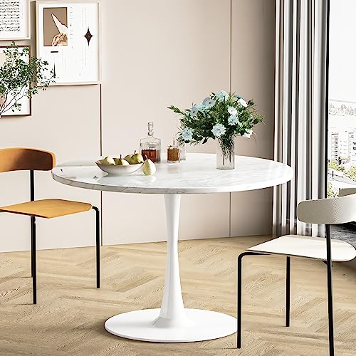 DKLGG White Marble Round Dining Table, 31.5" Tulip Table Kitchen Dining Table for 2-4 People with MDF Table Top & Pedestal Base, Mid-Century End Table Leisure Coffee Table Office Living Room Table