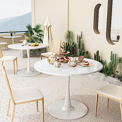 DKLGG White Marble Round Dining Table, 31.5" Tulip Table Kitchen Dining Table for 2-4 People with MDF Table Top & Pedestal Base, Mid-Century End Table Leisure Coffee Table Office Living Room Table