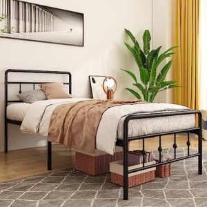 hobinche twin metal bed frame with vintage headboard and footboard,victorian style platform bed frame,sturdy heavy duty slat support,no box spring needed, noise free,black