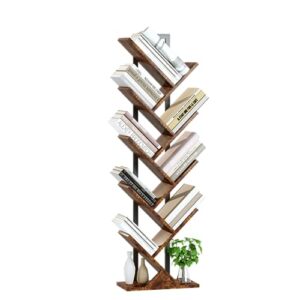 yusong tree bookshelf, geometric bookcase with steel pipe for living room bedroom, floor standing shelves for home office (rustic brown, 9 tier)