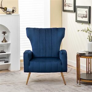 container furniture direct armchair modern velvet accent chair, channel tufted bedroom, office or living room furniture with elegant metal legs, blue