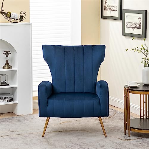 Container Furniture Direct Armchair Modern Velvet Accent Chair, Channel Tufted Bedroom, Office or Living Room Furniture with Elegant Metal Legs, Blue