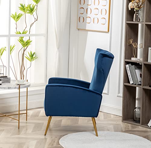 Container Furniture Direct Armchair Modern Velvet Accent Chair, Channel Tufted Bedroom, Office or Living Room Furniture with Elegant Metal Legs, Blue