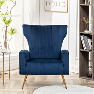 Container Furniture Direct Armchair Modern Velvet Accent Chair, Channel Tufted Bedroom, Office or Living Room Furniture with Elegant Metal Legs, Blue